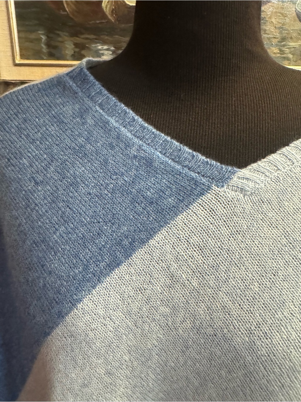 BERYLL 100% Cashmere Colorblock Poncho Wrap Blue Gray Layers Quiet Luxury OS - Picture 11 of 17